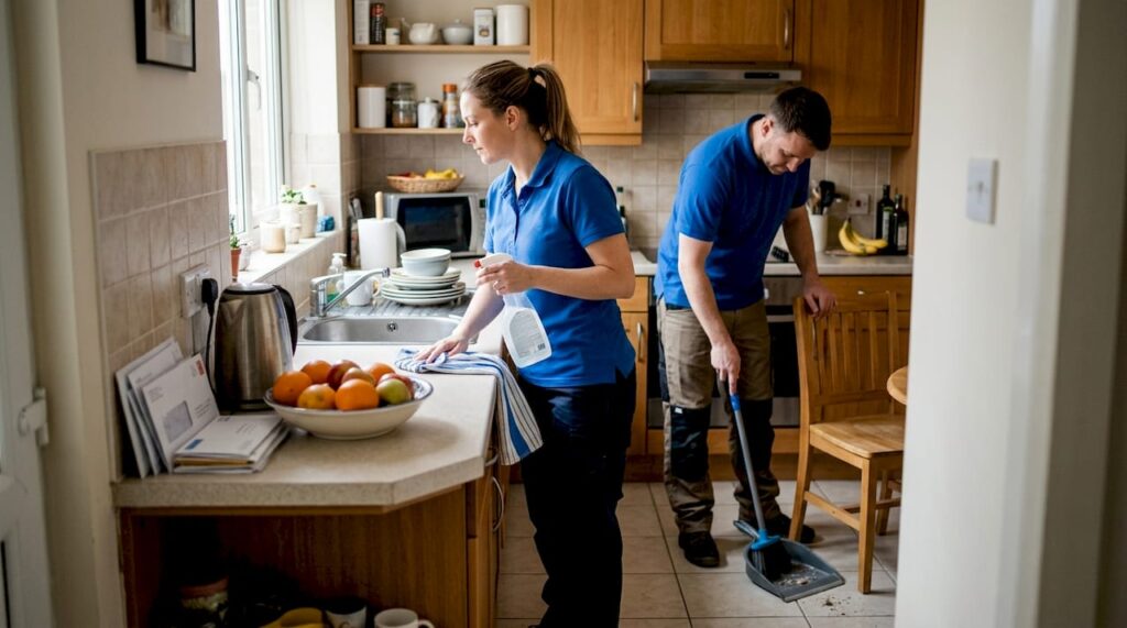 Team cleaning an everyday kitchen setting