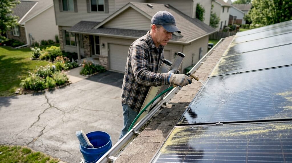Man cleaning rooftop solar panels safely