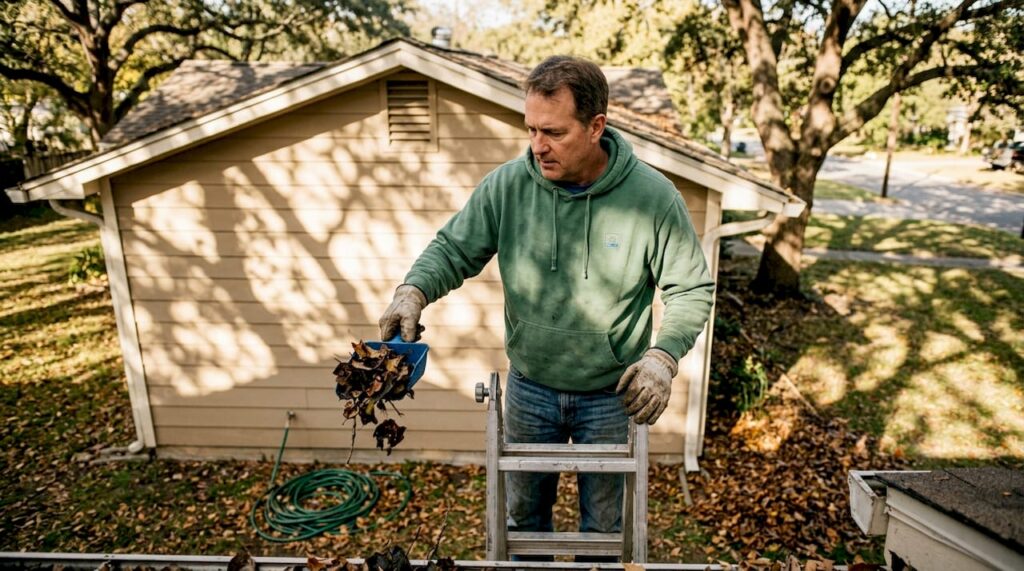 Homeowner cleaning leaves from house gutter