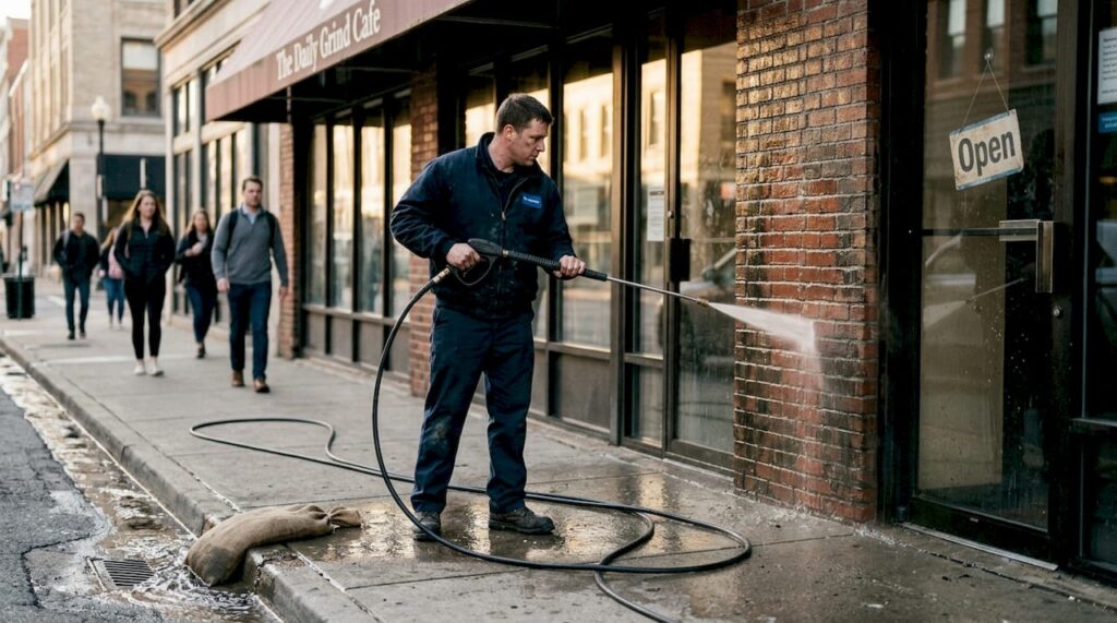 Worker pressure washing city building facade