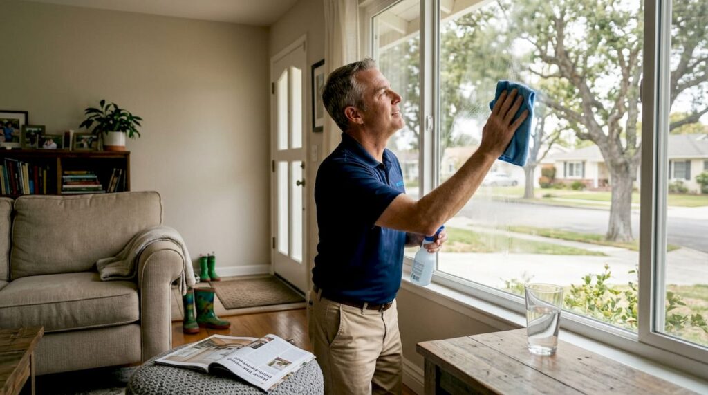 Homeowner cleaning large window in living room